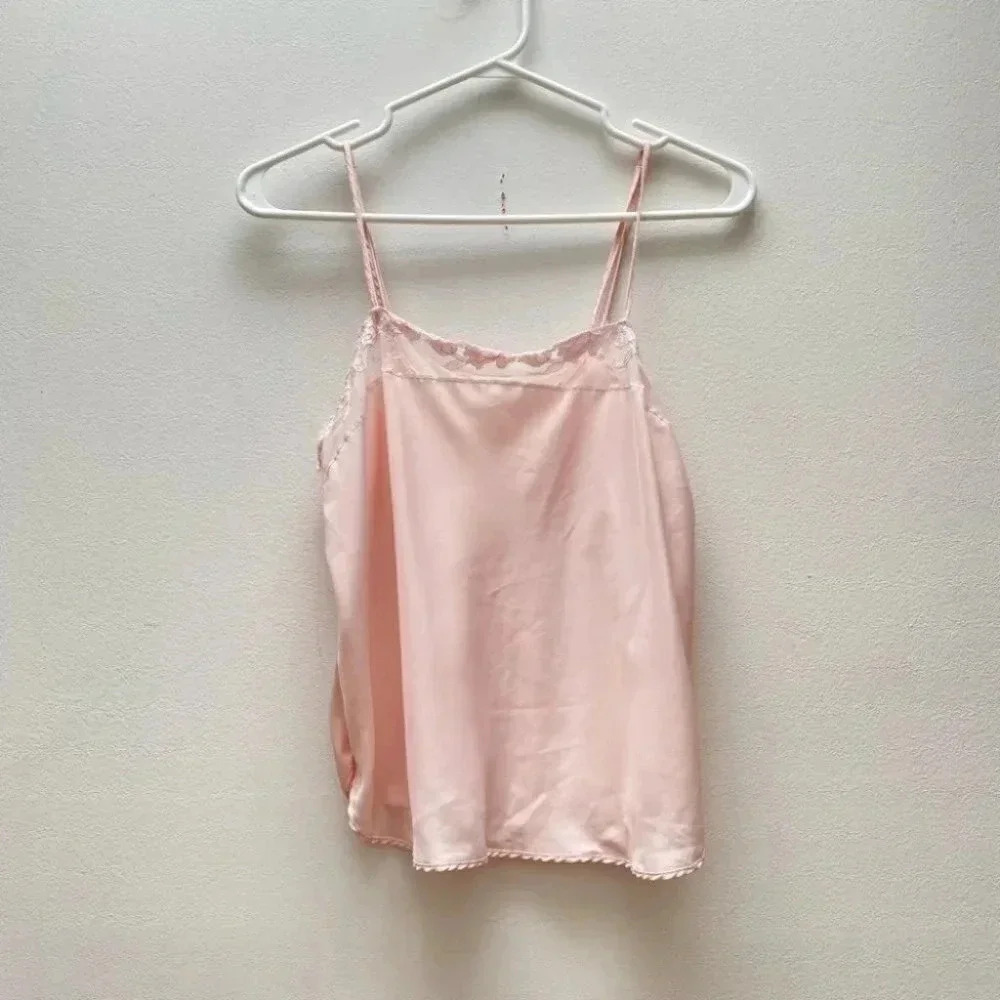 Vintage - Pastel Y2K Baby Pink Lace Trimmed Floral Layering Tank